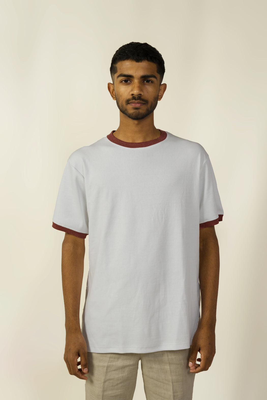 White Crew Neck T-shirt with Brick Detail