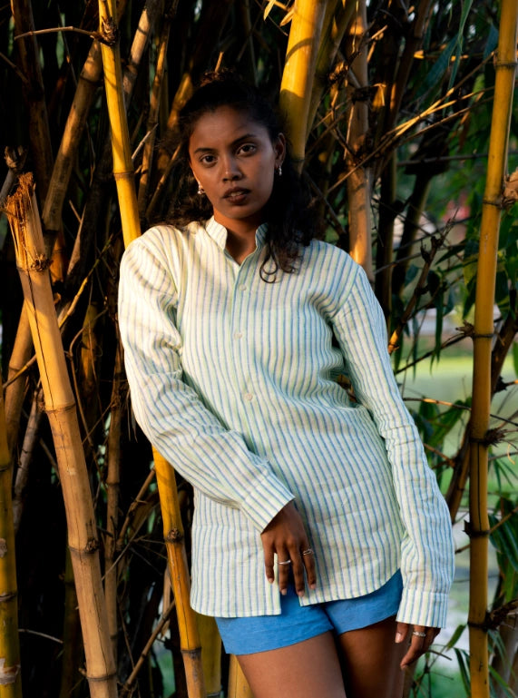 Forest Fortune Mandarin Collar Linen Shirt