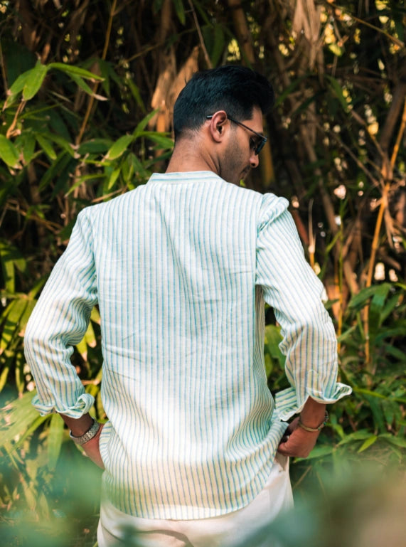 Forest Fortune Mandarin Collar Linen Shirt