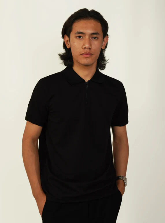 Textured Zipper Polo - Polished Black