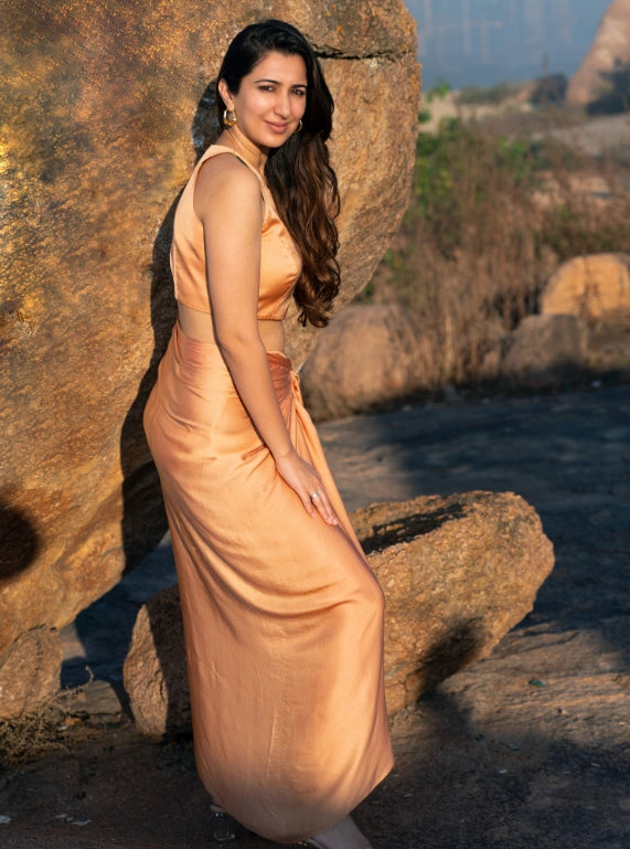 Nude Crop Top and Knotted Drape Skirt Set