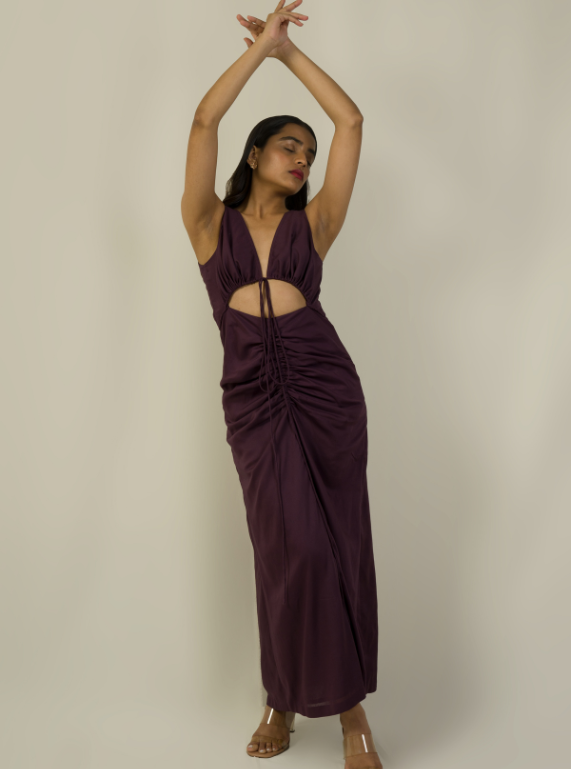 Gathered Cut Out Dress - Midnight Plum