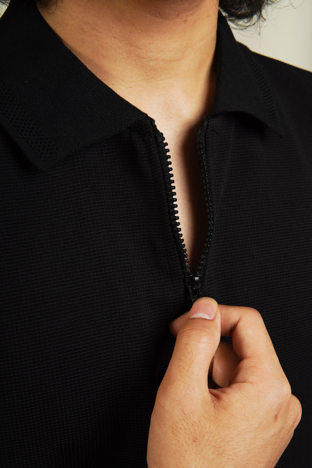 Textured Zipper Polo - Polished Black