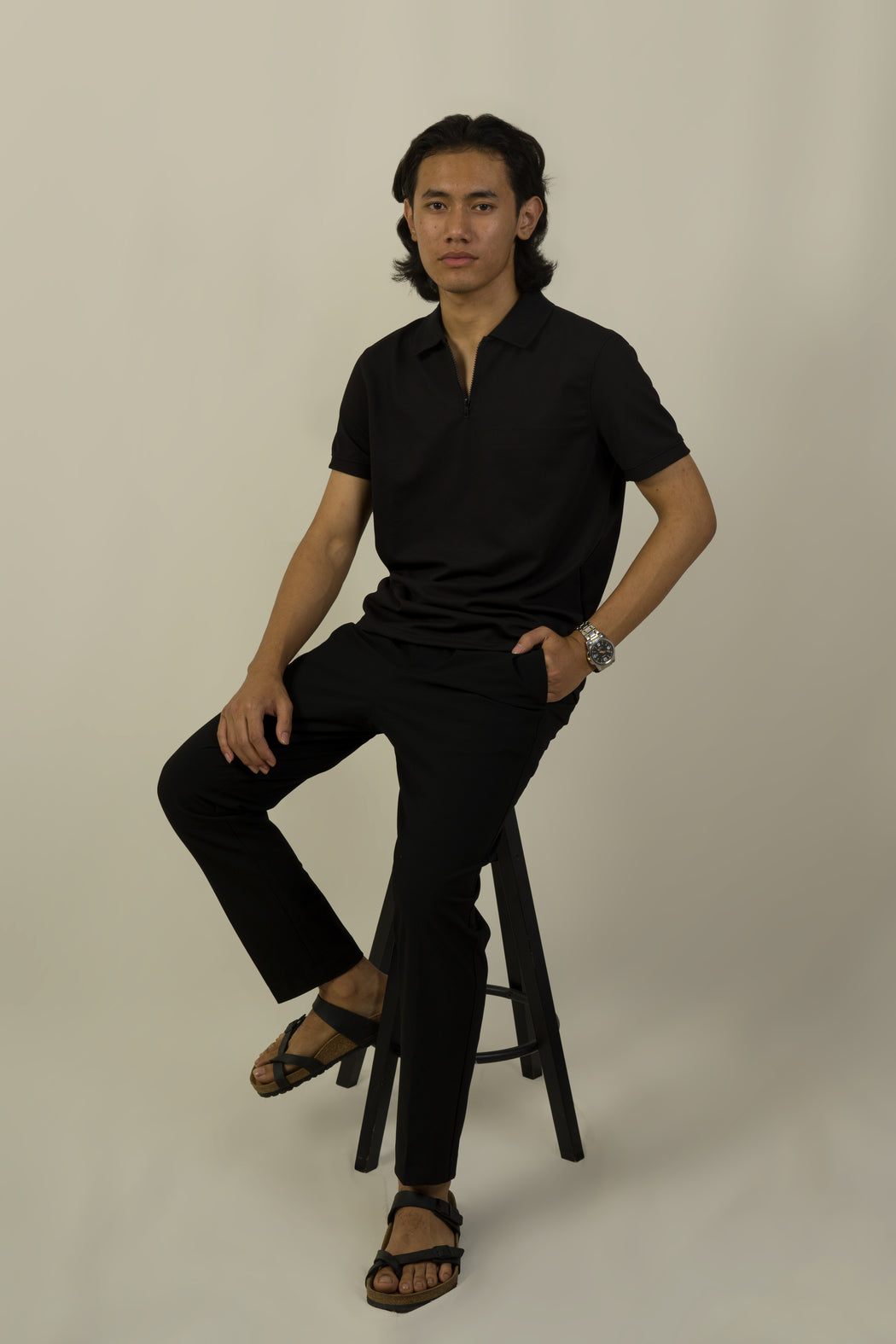Textured Zipper Polo - Polished Black