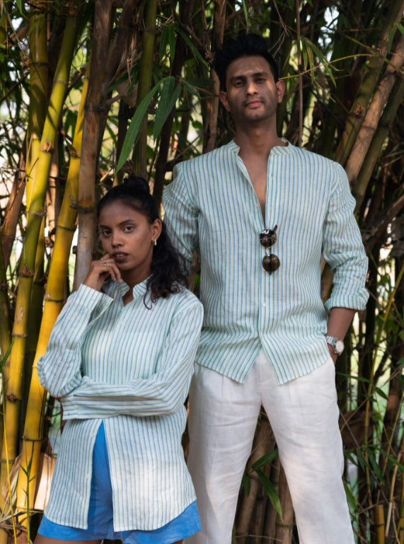 Forest Fortune Mandarin Collar Linen Shirt