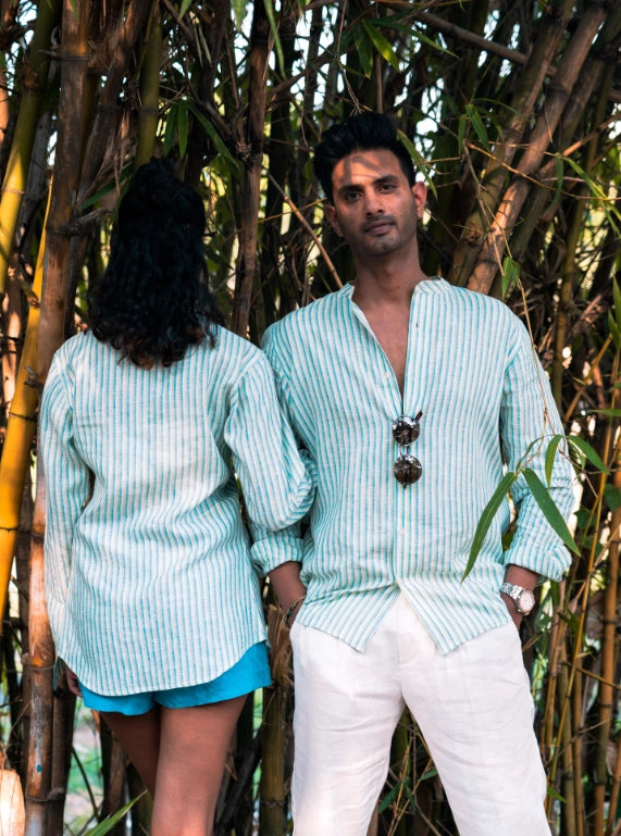 Forest Fortune Mandarin Collar Linen Shirt