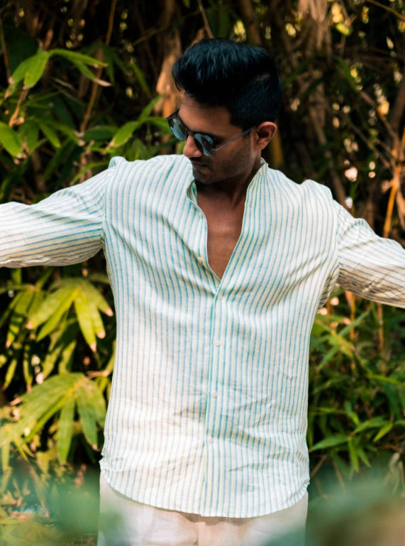 Forest Fortune Mandarin Collar Linen Shirt