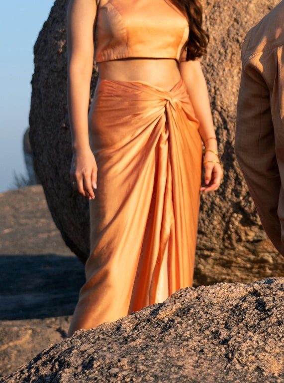 Nude Crop Top and Knotted Drape Skirt Set